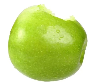 Single a green apple with bite Stock Photos
