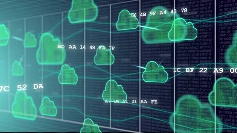 Single green cloud spawning clouds moving, linking racks with hex, showing Stock Footage 332704749