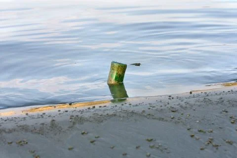 Single green old bottle in the deep river water Stock Photos