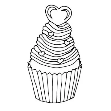 Single hand drawn cupcake decorated with hearts. In doodle style, black outline Stock Illustration