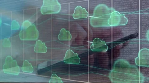 Single hand tapping phone, starting cloud icons multiplying and lines forming to Stock Footage 335211800