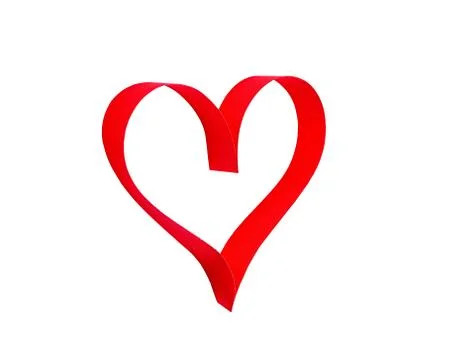 Single heart shape made of red satin ribbon isolated on white background Stock Photos
