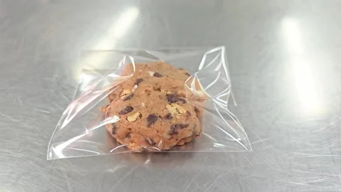 A single homemade chocolate chip cookie individually wrapped in a plastic bag. Stock Footage 346532874