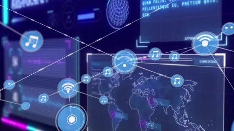 Single HUD node appearing above map starting nodes linking morphing pulsing, Video stock 330143790