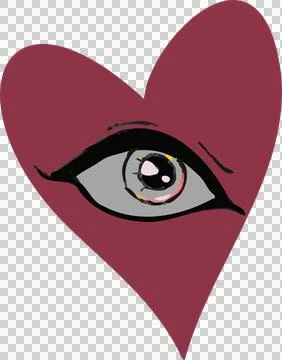 Single human-like eye is glowing inside maroon heart shape in flat design, Stock Illustration
