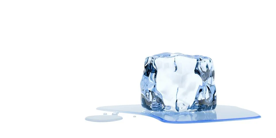 Single ice cube on white background with water puddle and copy space Stock Illustration