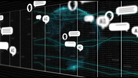Single icon appearing, globe and chat icons multiplying, flowing across rack Stock Footage 334729039