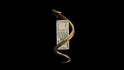 Single Indian 500 rupee note wrapped with a golden spiral arrow Stock Footage 318899912
