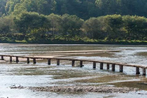 Single lane log bridge over a shallow river Stock Photos