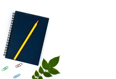 A single leaf beside a blue diary,a yellow wood pencil crayon and some pencil Stock Photos
