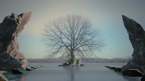 SIngle leafless dead tree on a small island the middle of the frozen lake Stock Footage 135187282
