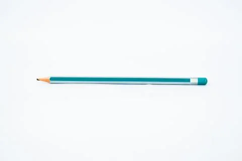 Single light blue and silver colored sharp wood pencil crayon isolated on a w Stock Photos