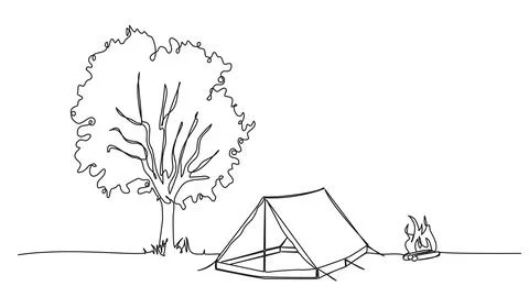 Single line camping concept with tent and campfire イラスト素材