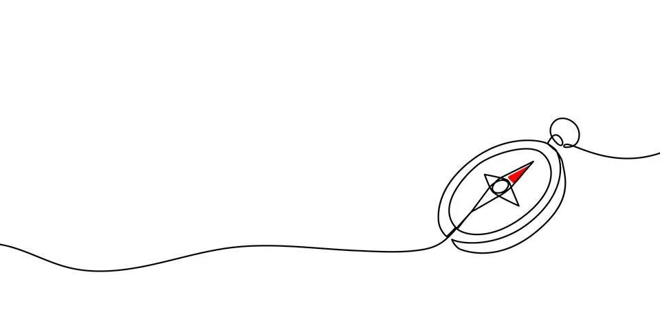 Single line compass drawing with adventure theme. Minimalist travel Stock Illustration