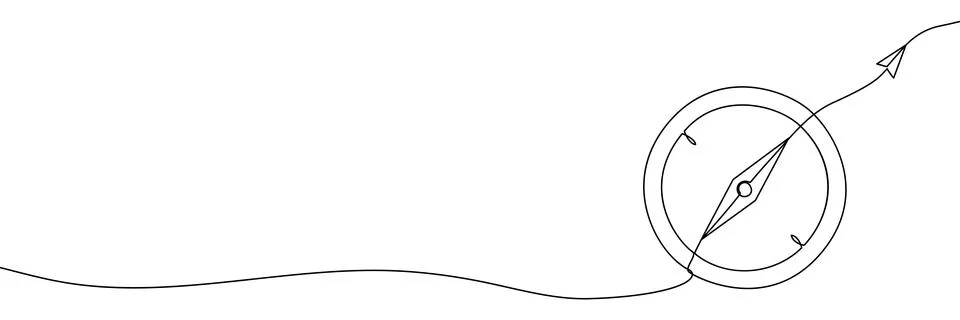 Single line compass drawing with minimalist outline design. Perfect adventure Stock Illustration