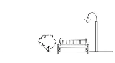 Single line drawing of bench and lantern in public park 스톡 일러스트