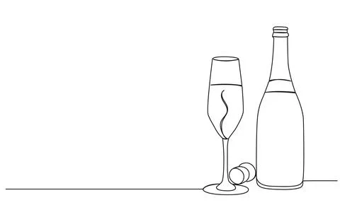 Single line drawing of bottle of sparkling wine and champagne glass イラスト素材