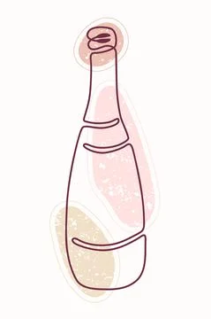 Single line drawing of bottle on textured color spots. Line art style Stock Illustration
