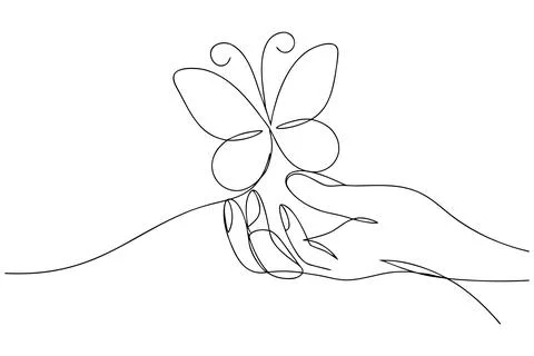 Single line drawing of butterfly on open hand continuous line Stock Illustration