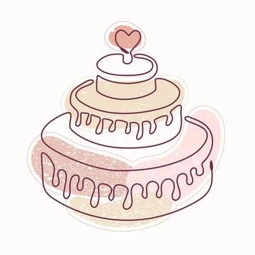 Single line drawing of cake on textured color spots. Hand drawn line art styl Illustrazione stock