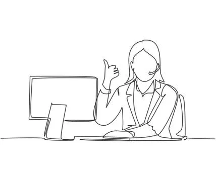 Single line drawing of call center worker sitting in front of a computer Illustrazione stock