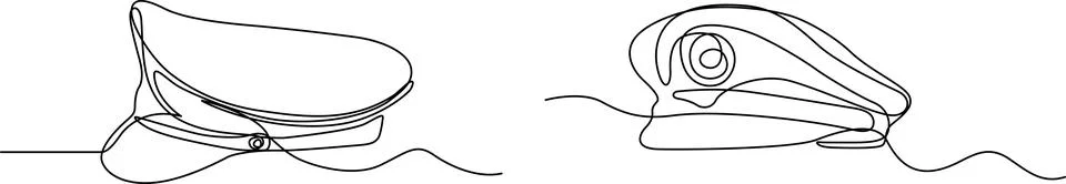 Single line drawing of a captain hat and a military beret on a white backgr.. Illustrazione stock