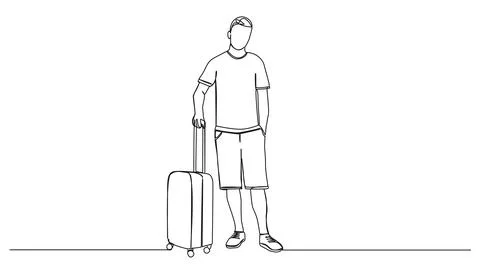 Single line drawing of casually dressed man with suitcase Stock-Illustration