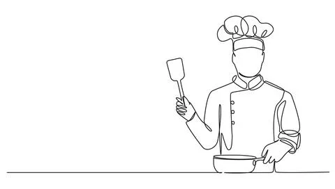 Single line drawing of chef with frying pan and spatula イラスト素材