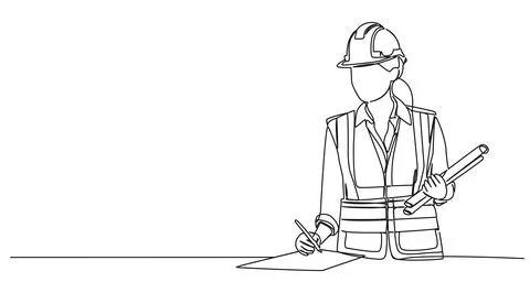 Single line drawing of civil engineer or architect with constructions plans イラスト素材