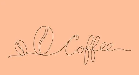 Single line drawing of coffee beans and lettering Coffee on peach background. Stock Illustration