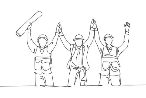 Single line drawing of construction worker foreman celebrate their success Stock Illustration