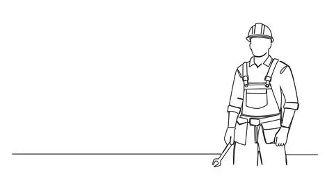 Single line drawing of construction worker wearing hard hat and holding wrench Illustrazione stock