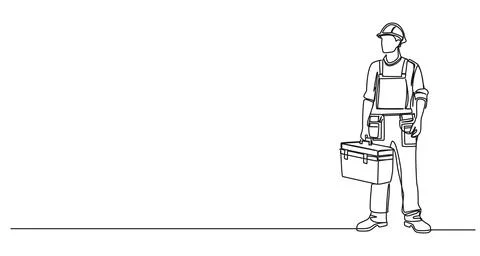 Single line drawing of construction worker carrying toolbox 스톡 일러스트