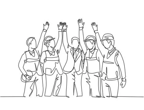 Single line drawing of construction workers and foreman with vest and helmet Illustrazione stock