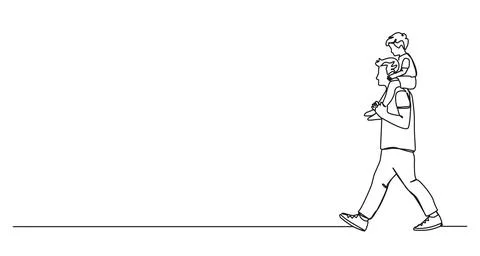 Single line drawing of dad carrying toddler son on his shoulders Stock Illustration