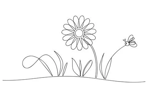 Single line drawing of a daisy and a bee flower insect Stock-Illustration