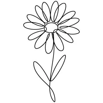Single line drawing of a daisy flower with stem and leaves 1 Illustrazione stock