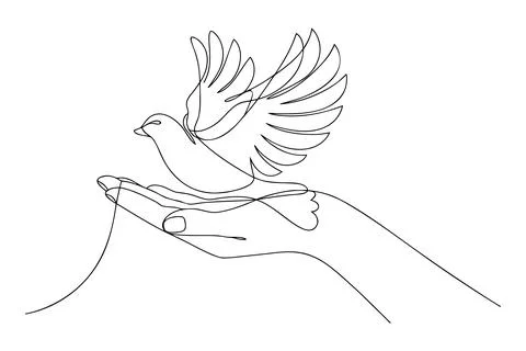 Single line drawing of a dove flying from an open hand Stock Illustration