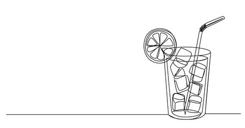 Single line drawing of drinking glass with ice cubes and straw イラスト素材