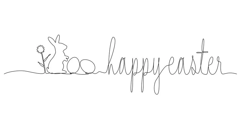 Single line drawing of easter bunny with eggs and text HAPPY EASTER イラスト素材
