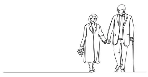 Single line drawing of elderly couple walking hand in hand 스톡 일러스트
