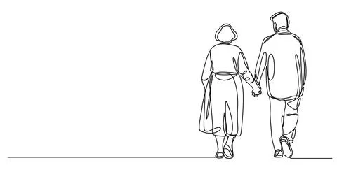 Single line drawing of elderly couple walking hand in hand Illustrazione stock