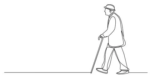 Single line drawing of elderly man walking with a cane Illustrazione stock