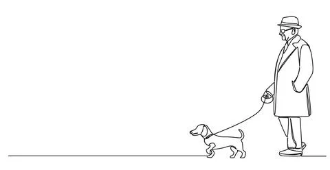 Single line drawing of elderly man walking his wiener dog Illustrazione stock