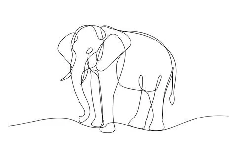 Single line drawing of an elephant on a wavy line continuous line Stock Illustration