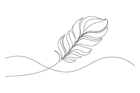 Single line drawing of a feather on wavy lines continuous line Stock Illustration
