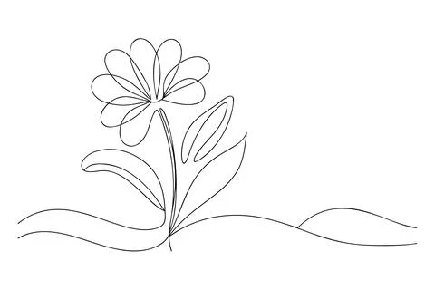Single line drawing of a flower with leaves and ground Stock Illustration