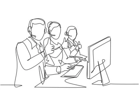 Single line drawing group of young male and female call center workers Ilustração Stock