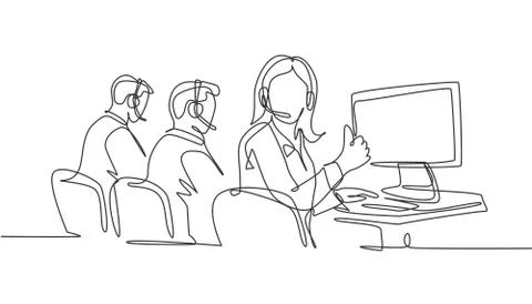 Single line drawing group of young male and female call center workers Illustrazione stock