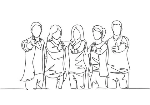 Single line drawing group of young happy businessmen and businesswomen Stock Illustration